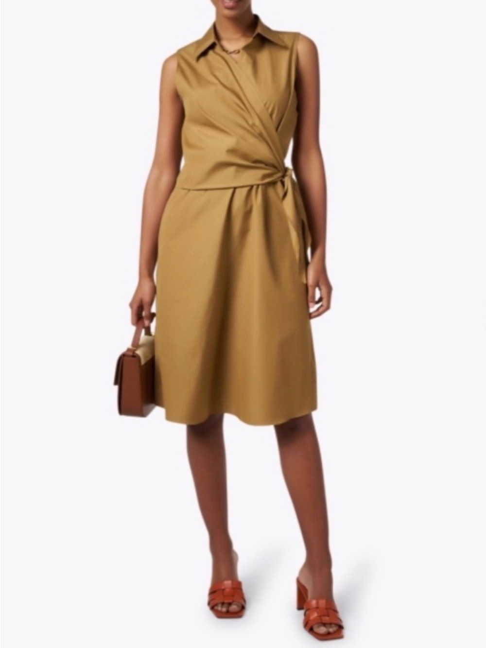 Vince Cotton Wrap Shirt Dress Olive Brown Sleeveless Midi Size 4